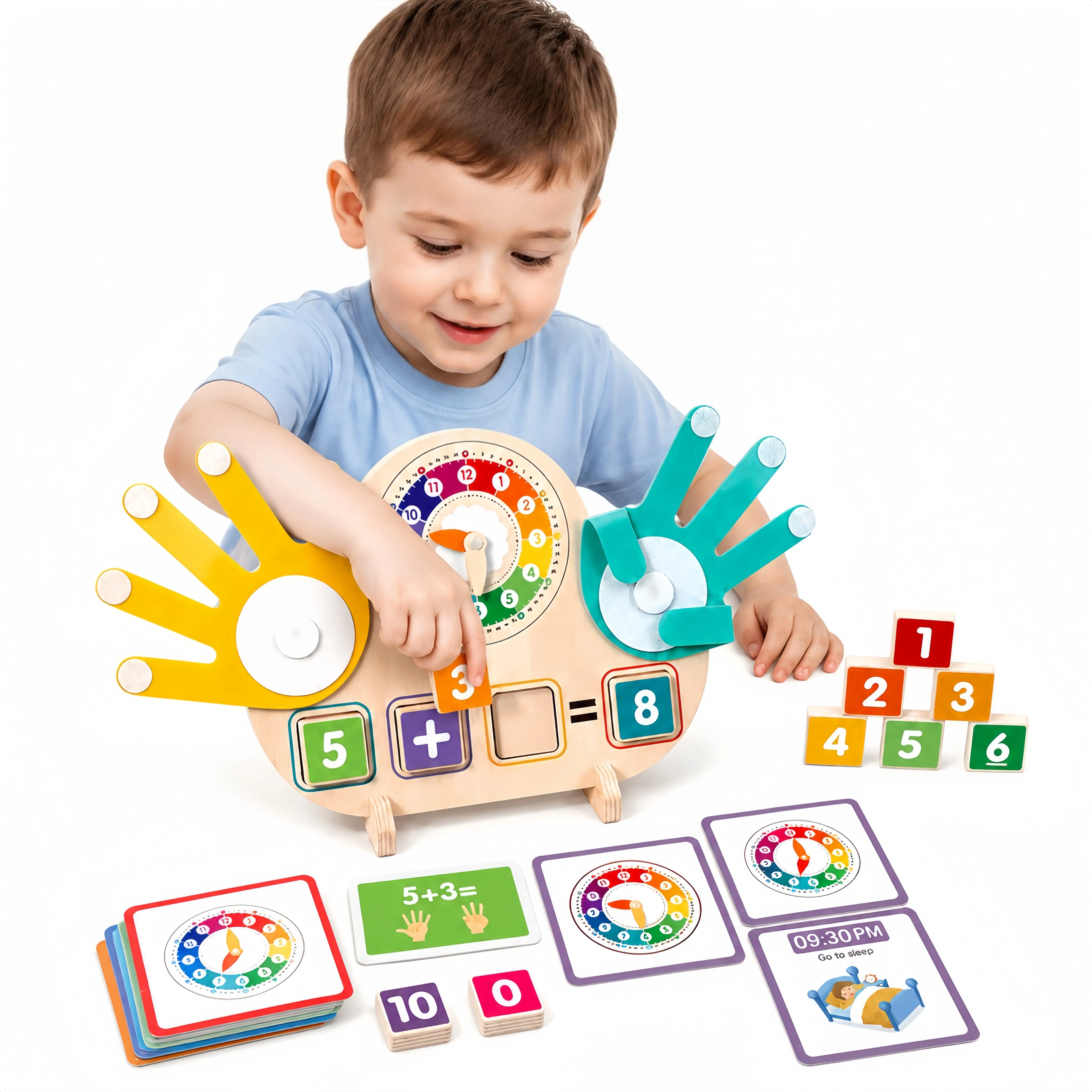 3-in-1 Wooden Montessori Learning Board for Kids, Finger Counting Math Addition & Subtraction, Clock Time & Number Recognition Educational Toy, Preschool Teaching Kit with Complete Activity Accessories
