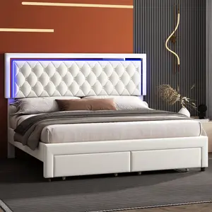 AMERLIFE Modern Bed Frame with Two Storage Drawers and Smart LED Lights, Velvet Upholstered Platform Bed Adjustable Headboard, Acrylic Mirror Decoration/Luxury Bedroom Furniture/Full/Queen/King Size/Best Gift Ideas/Christmas Gifts