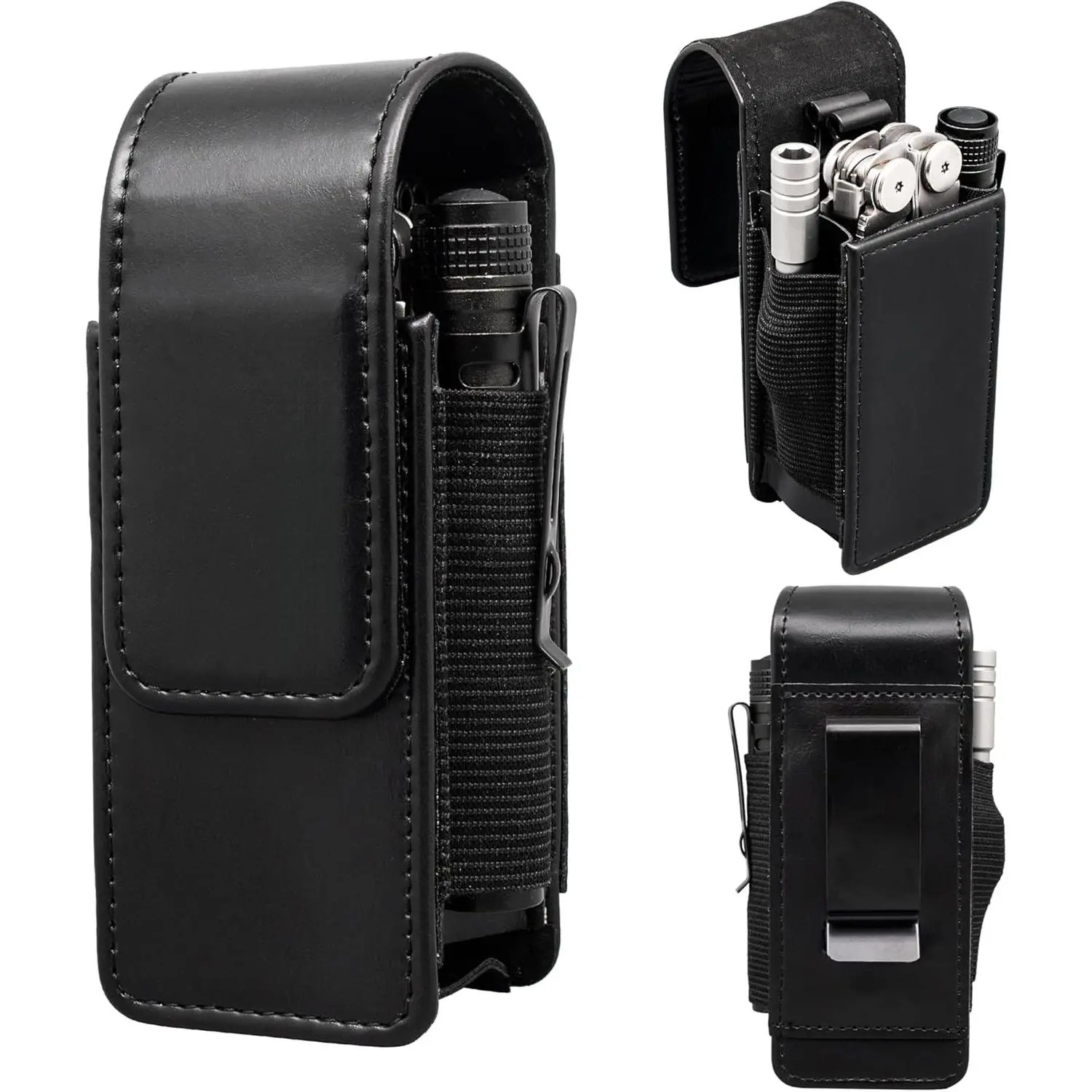 Multitool Holster with Belt Clip for Men, Faux Leather Multitool Sheath for Belt, Pocket Organizer for Work, Fits for Leatherman, SOG, Gerber Tools, Black