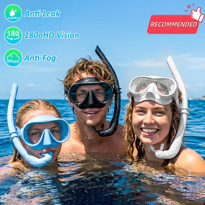 Unisex Adult Snorkel Set with Tempered Glass Diving Masks, Anti-Fog & Leak-Proof Dry Top Underwater Snorkels, 180° Wide View Lens for Beach Vacation Diving