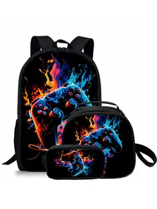 Gamepad pattern printed 17-inch trendy backpack three-piece set (single-layer backpack + shoulder strap round lunch bag + single-layer pencil bag)