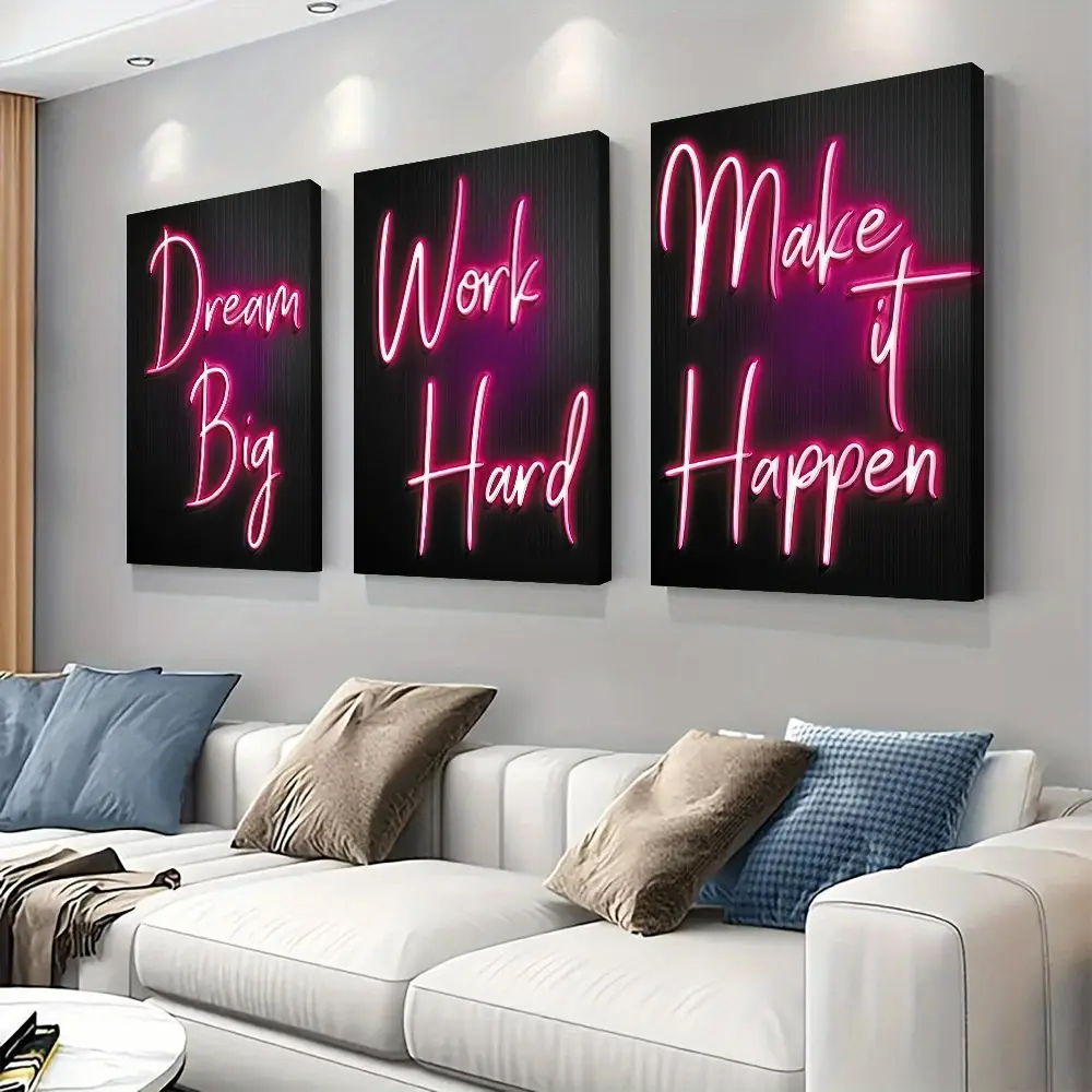 3pc Inspirational Neon Style Canvas Art, Triple Canvas Painting, Dream Big Letter Wall Decor, Modern Home Living Room Bedroom Office Background, Frameless Art Gift