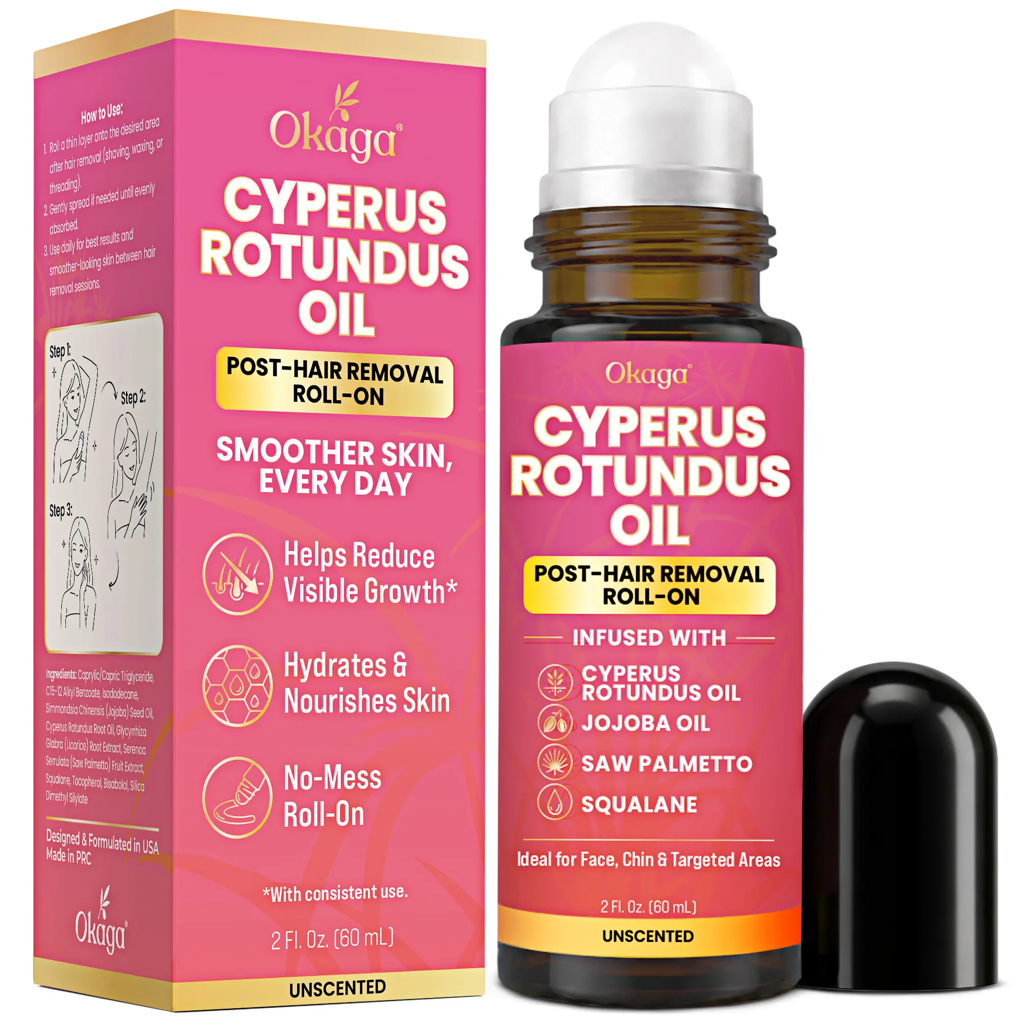 Okaga Cyperus Rotundus Oil | Natural Post-Hair Removal Roll-On | For Face, Chin, & Targeted Areas | Unscented | 60mL
