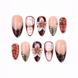 Long Almond Tortoiseshell Nude Press-On Nails — 3D Flower Gold Charm Fall Latte Set BA6K