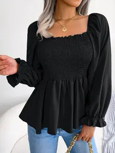 Superfancyfashion Women's Plain Frill Ruffle Shirred Square Neck Blouse, Solid Long Sleeve Flounce Sleeve Peplum Tops, Ladies Casual Clothes for Spring & Fall, Chic Womenswear