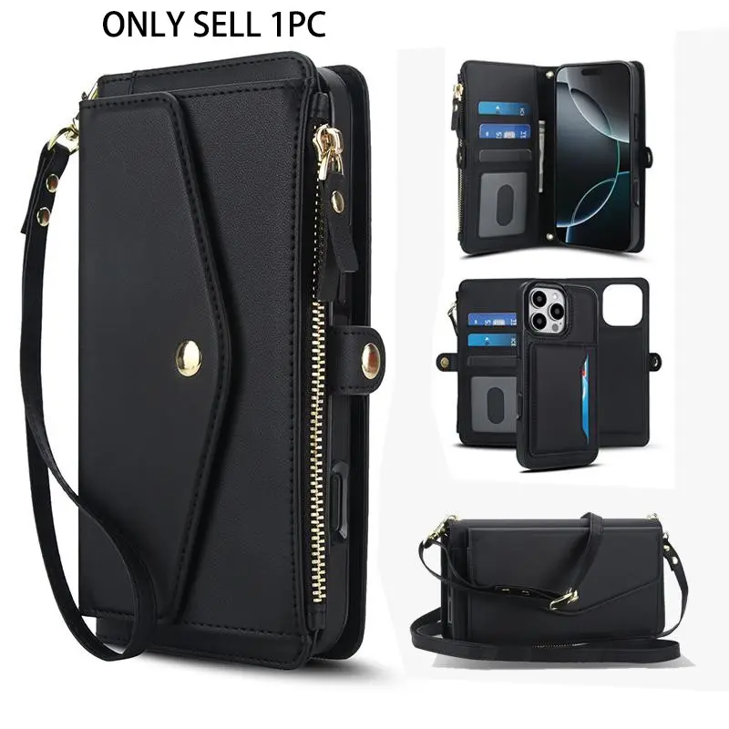 Crossbody bag with zipper wallet Card phone case, wrist strap phone case for iPhone 17 16e/16/15/14/13/12/11 Pro Max Plus women's wallet protective case, supports wireless charging, detachable magnetic phone protective case, Accessories