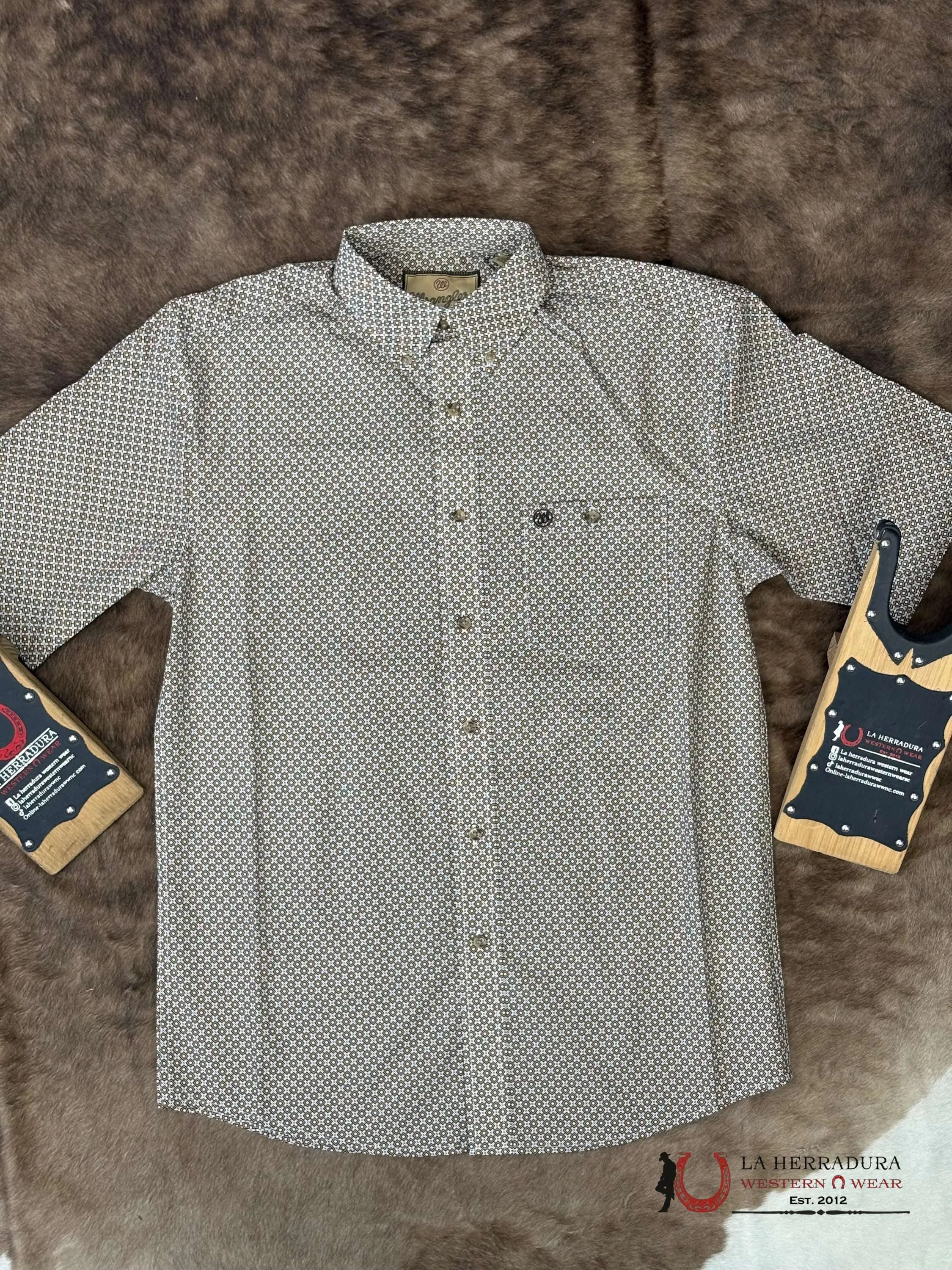 Wrangler Men's Brown Western Print Shirt - Short/Long Sleeve Options, Menswear, Classic, Elegant, Casual Style - SKU 112366982, Top, Western-Inspired Design, Rugged Appeal, No