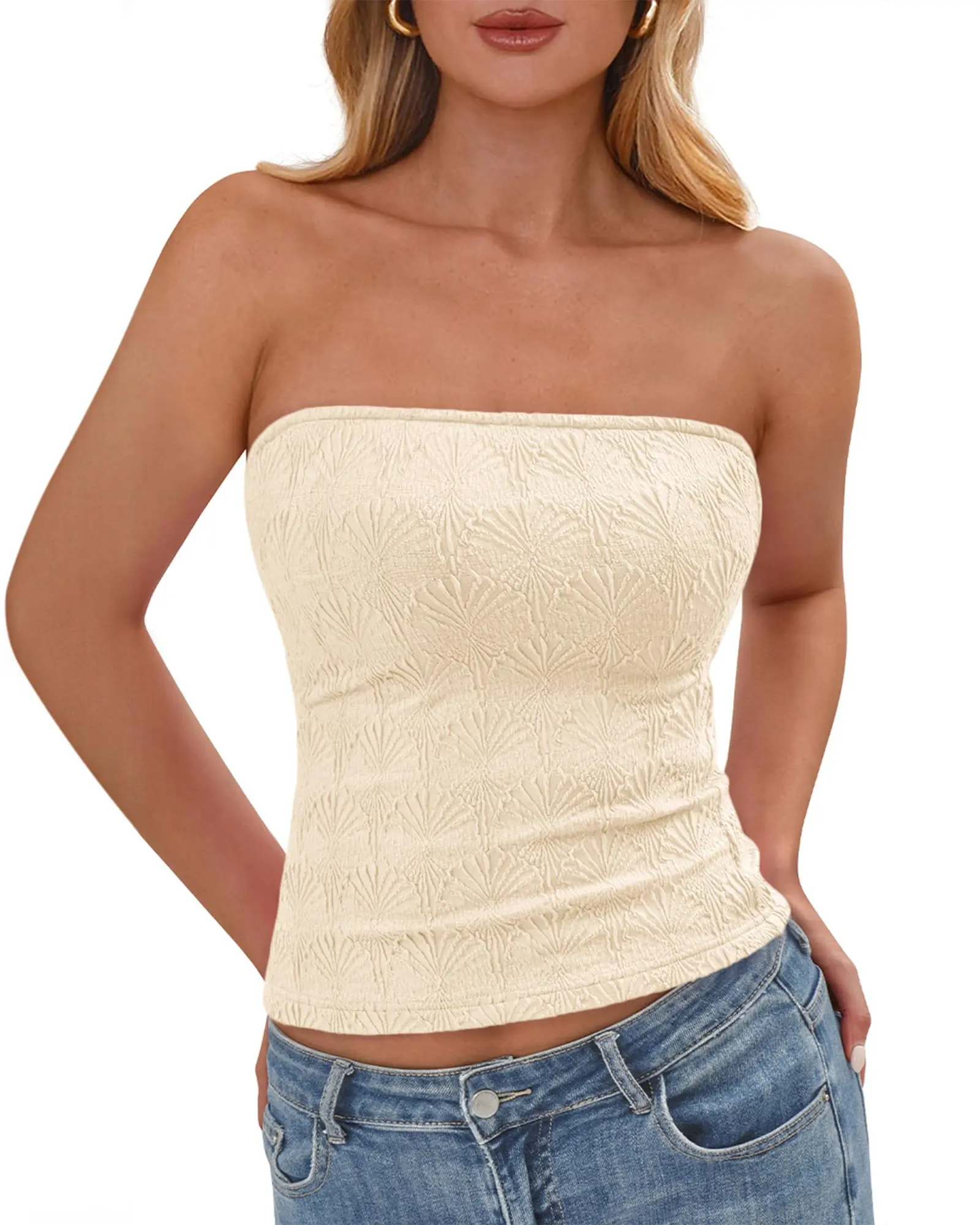 BTFBM Tube Tops for Women Spring Summer 2026 Backless Fitted Floral Embroidery Going Out Bandeau Top Beach Vacation