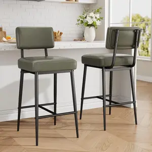 Modern Counter Height Bar Stools Set of 2 with Backrest, Faux Leather, Industrial Metal Frame, Space-Saving Design for Kitchen Island, Bar, or Dining Room Chairs - Black Lychee Texture (2pcs/Set, V615-4001)
