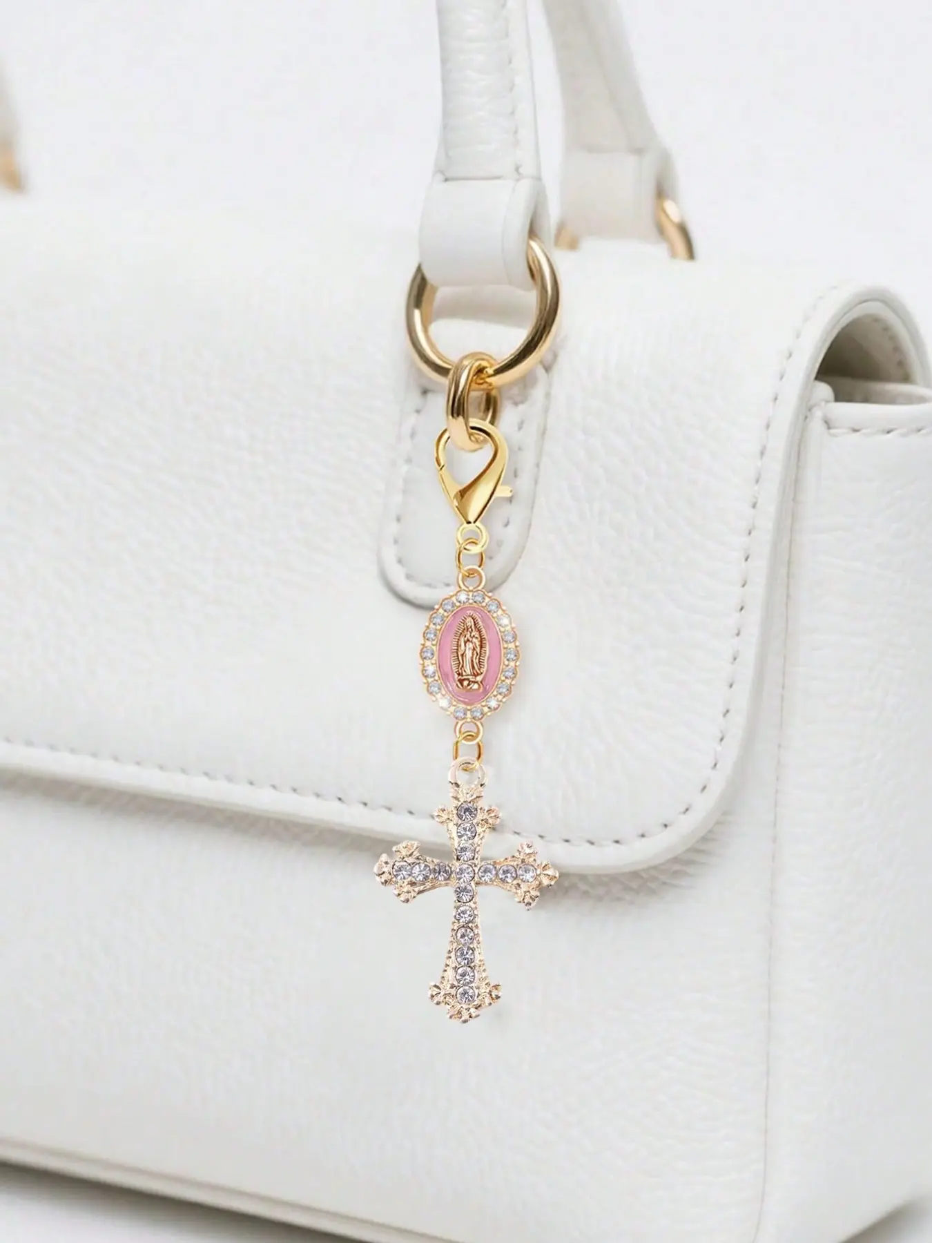 Christian charm keychain, adorned with a religious cross, pearls, and diamond charms - cross keychain, bag charm, cross pendant, decorative wallet and backpack accessory, earphone bag accessory, decorative keychain with ring clasp