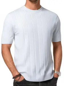 Summer New Short Sleeve Knit Men's Luxury Round Neck Slim Fit Business Cool T-Shirt, Lightweight Breathable Versatile Elastic Mens Fitted Top