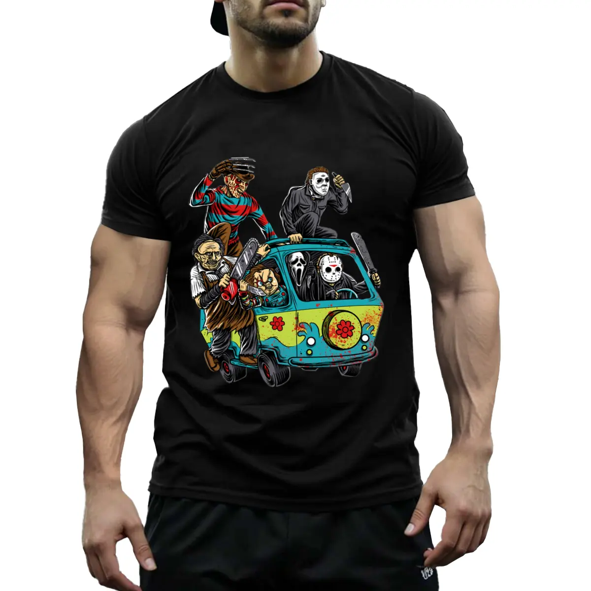 Men's Mikell Jason Halloween Horror Movie Graphic T-Shirt - Goonies & Ghostbusters Crossover, Casual Cotton Streetwear Top, Shortsleeve Round Neck Regular Fit Menswear for Versatile Use