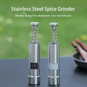 Stainless Steel Manual Pepper Grinder - Push Down Spice Mill for Black Pepper, Peppercorns & Sea Salt - Adjustable Coarseness, Refillable Kitchen Grinder with Ceramic Blades - Compact & Portable