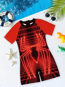 Boys' one-piece swimsuit "Cyber Spider-Man Tech Style" features red and black contrasting colors with neon grid spider prints + raglan sleeve one-piece design, which is cool and eye-catching. It fully enhances the atmosphere of summer pool/ beach outfits~