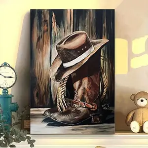 Vintage Cowboy Boots & Hat Canvas Wall Art, Western Oil Painting Style Print, Rustic Farmhouse Decor for Living Room Bedroom, Unframed or Framed Available