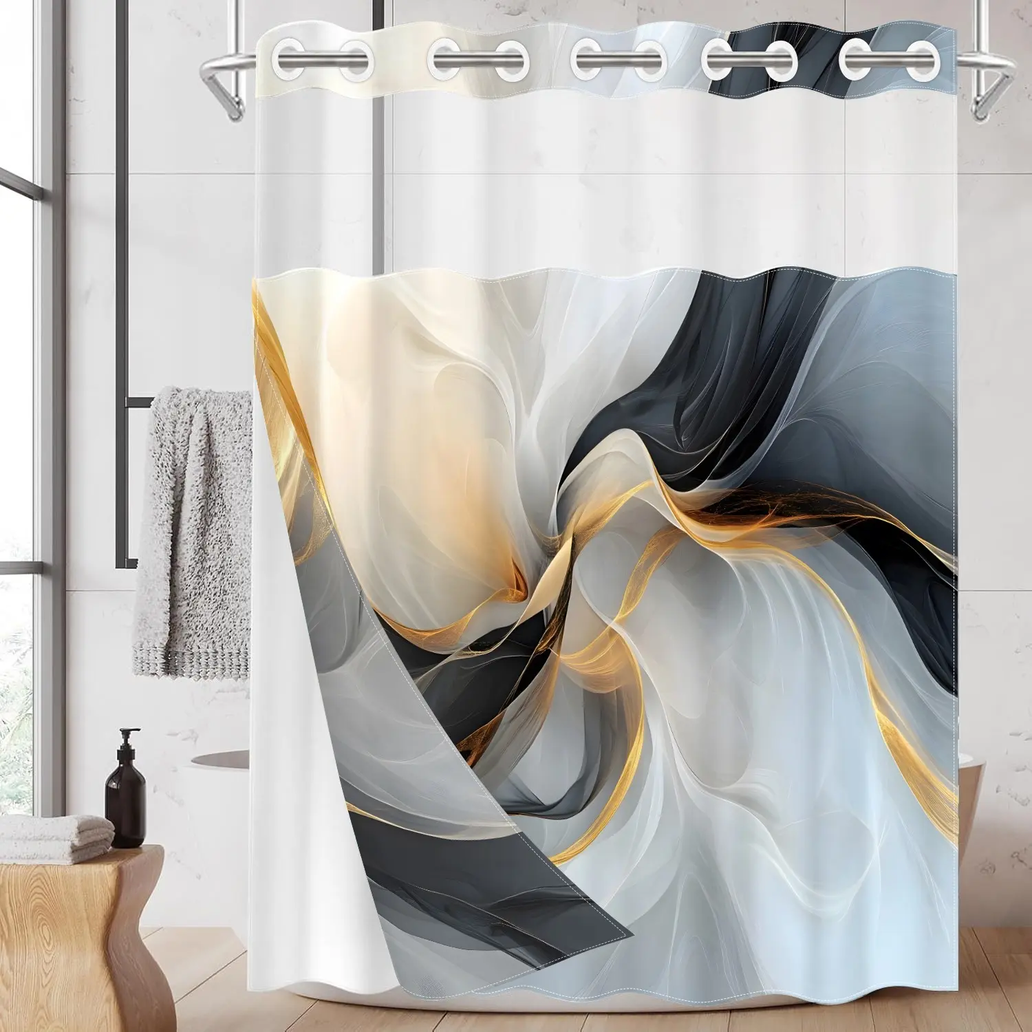 1PC 2D Flat Ink Painting Gold Pattern Double-Layer Woven Modern Shower Curtain (No Hooks), Decorative Aesthetic Shower Curtain, Transparent Top Window, Removable Lining with Clips, Home Bathroom Partition Art Decoration