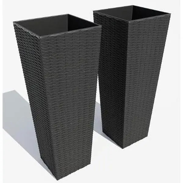Garvee Large Outdoor Plastic Planters with Removable Liner and Drainage Holes, Ideal for Plants and Flowers on Terrace, Balcony, Garden, Rattan Style, 2 pcs, Under 61cm, with Tray, Black