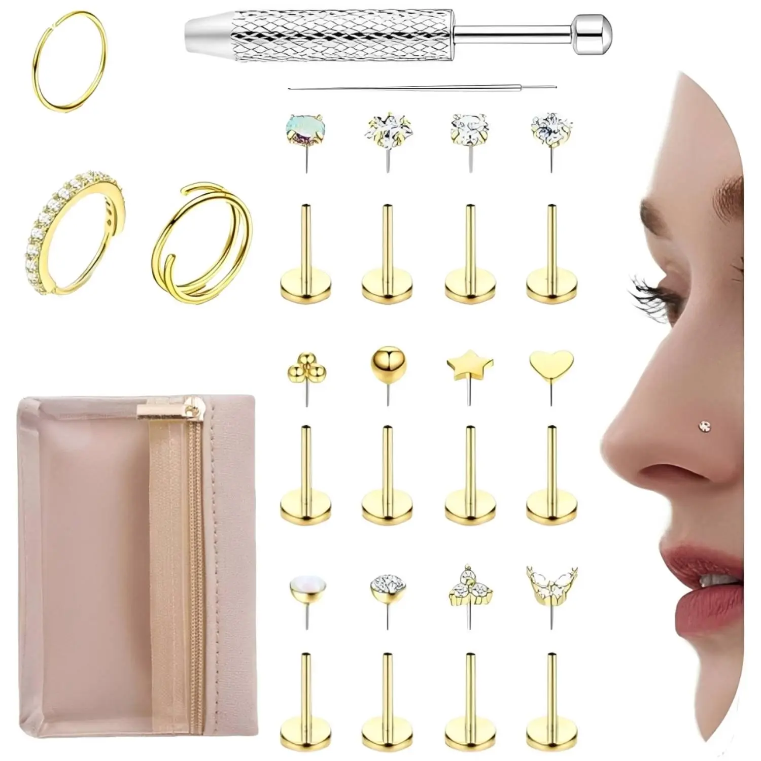 14K Gold Threadless Push In Nose Ring Studs, Surgical Steel Flat Back Piercing Jewelry, 0.8mm×6mm Bar, Hypoallergenic for Nose Cartilage Tragus Conch Lip Helix, Unisex Men Women, Come With Zipper Storage Pouch