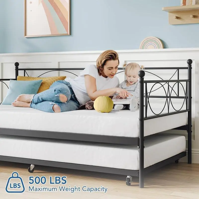 Gaomon Single Twin Daybed with Headboard - Pull-Out Full-Sized Trundle Bed, Thick Durable Steel Slat Support Frame, 350lbs Capacity, Movable Multifunctional Sofa Bed for Bedroom, Living Room (Assembly Required), 350 Pounds Capacity