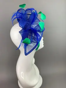 Royal Blue and Kelly Green Fascinator on Headband Sinamay Feathers Satin Ultra Light Comfortable with Care Card