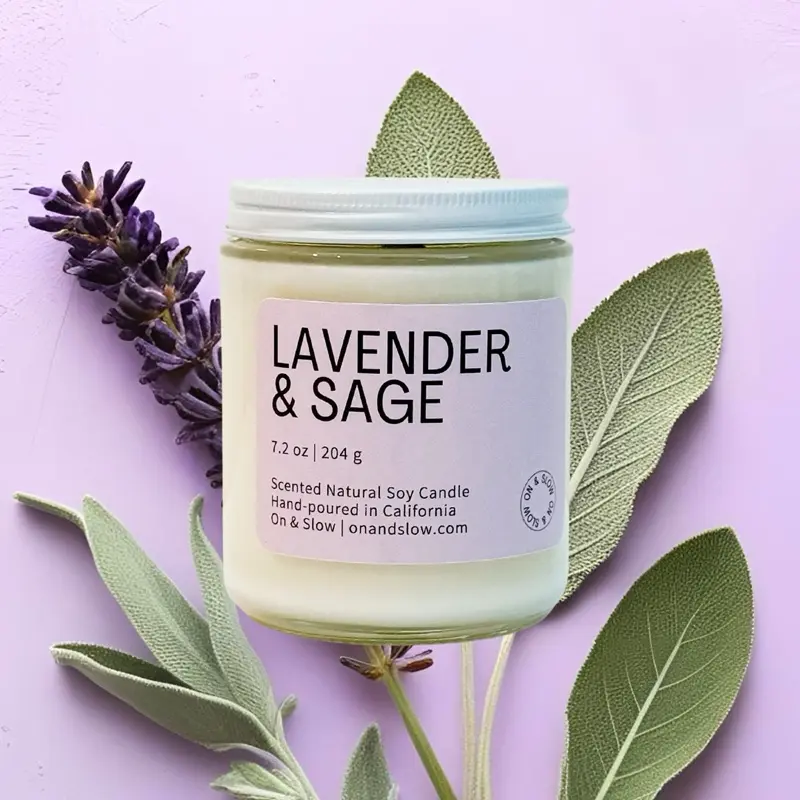 Lavender & Sage 7.2oz Soy Candle - 100% Soy, Natural Wood Wick, Calming Aroma, 40-50 Hours Burn Time, Ideal for Relaxation - Decor