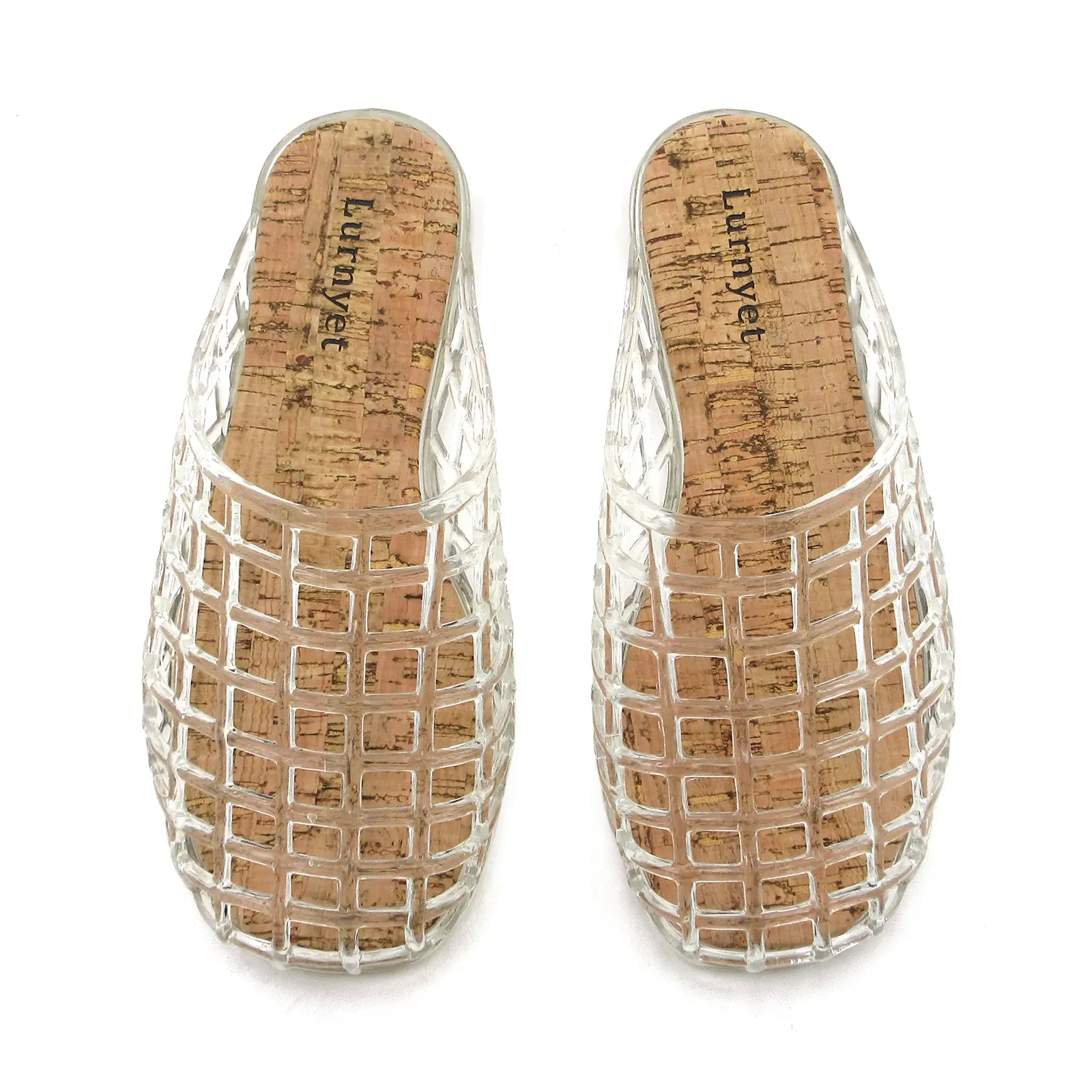 Women's Clear Grid Jelly Mules - Hollow Woven Transparent Slip-On Slide Sandals with Natural Cork Insole, Breathable Flat Summer Beach Slippers for Outdoor Sports open-toe resistant luxury cozy casual footwear plush