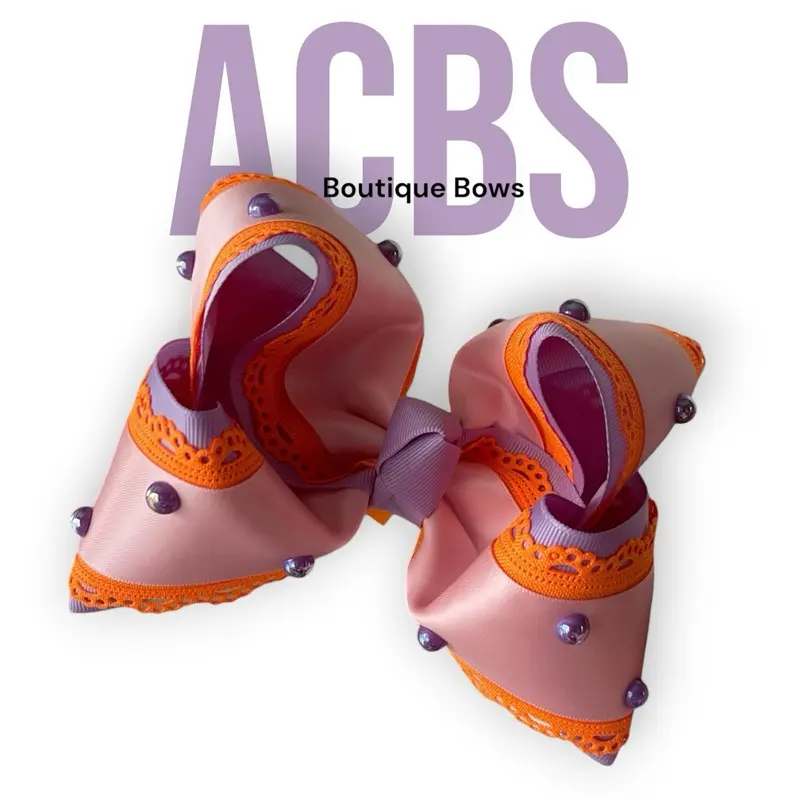 ACBS Hair Clips Pink & Blue Boutique Bow 5 Inches Handmade in USA, Fall Halloween Bows