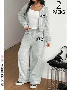 Tiktok Friday Christmas Must-Have American Sweet Cool Set, Nyc Hooded Two-Piece, Short Zipper Sweatshirt & Wide Leg Pants, /