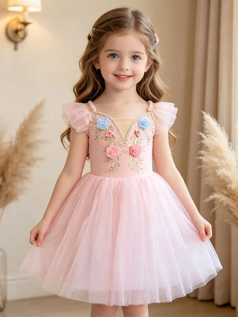 Girls' Pink 3D Floral Midi-Length Casual Ballet Tutu Dress - Short Flutter Sleeves, Gold Embroidery, Glitter Tulle, Sweet-Look Princess Costume