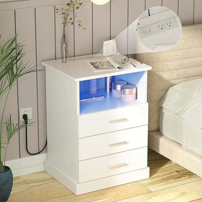 Vabches LED Nightstand with Charging Station, Side Table with 3 Drawers and Light, End Table with Open Storage, Beside Cabinet for Bedroom
