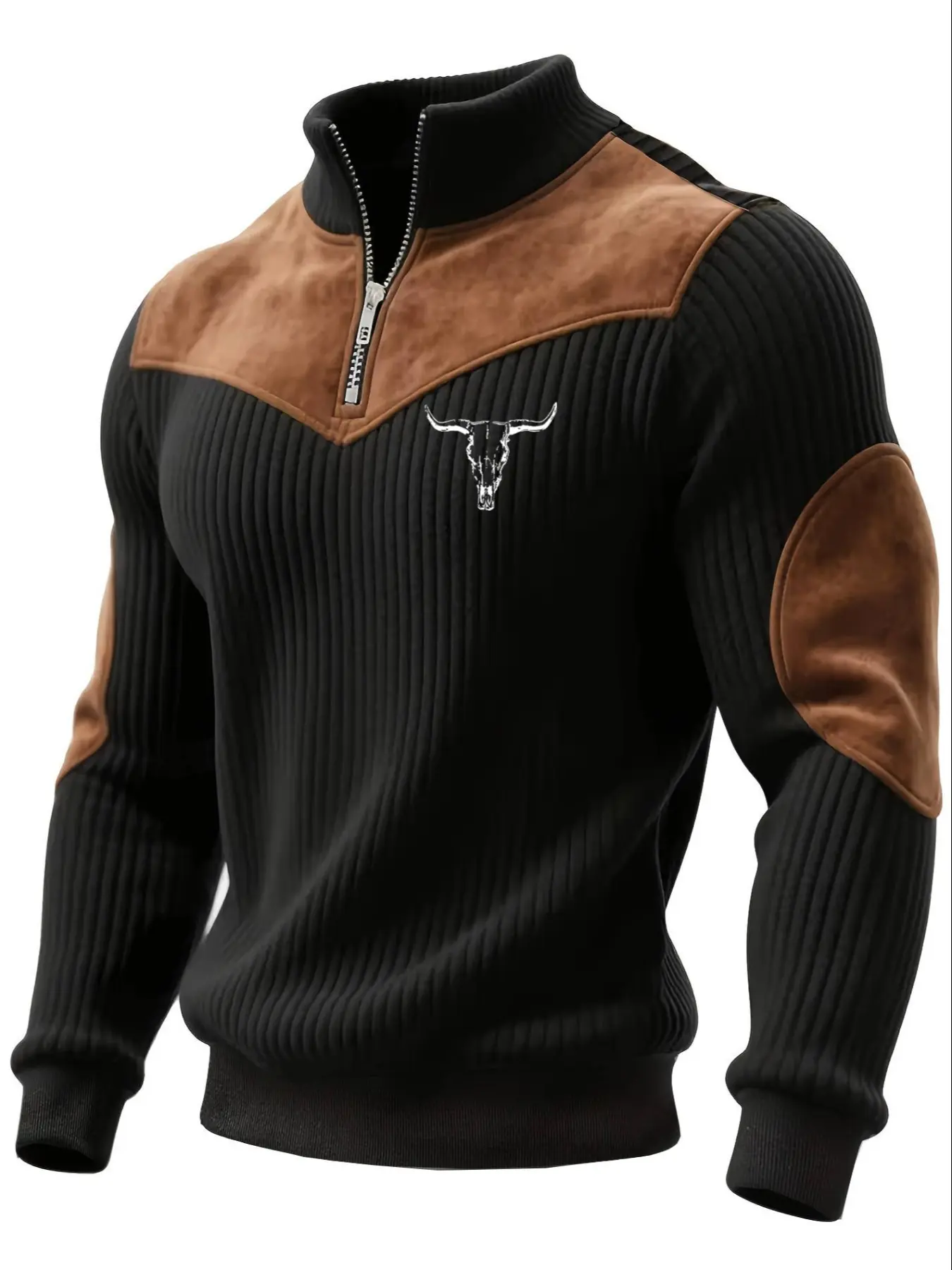 Men's Stand Collar Pullover Sweater, Fall Winter Knitwear, Knitwear, Fashion Knitwear, Tops, Menswear, Autumn Winter Warm Half Zip Long Sleeve Cow Head Print Patchwork Ribbed Casual Vintage Streetwear