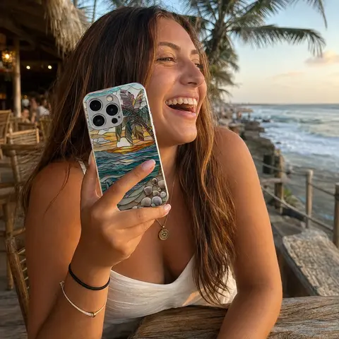 Cute Tropical Summer Vacation Phone Case, Clear Coastal Island Ocean Bumper for iPhone 18 17 16 15 14 Pro Max & Samsung S26 S25 S24 Ultra --985