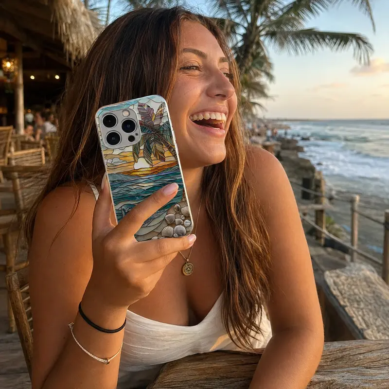 Cute Tropical Summer Vacation Phone Case, Clear Coastal Island Ocean Bumper for iPhone 18 17 16 15 14 Pro Max & Samsung S26 S25 S24 Ultra --985