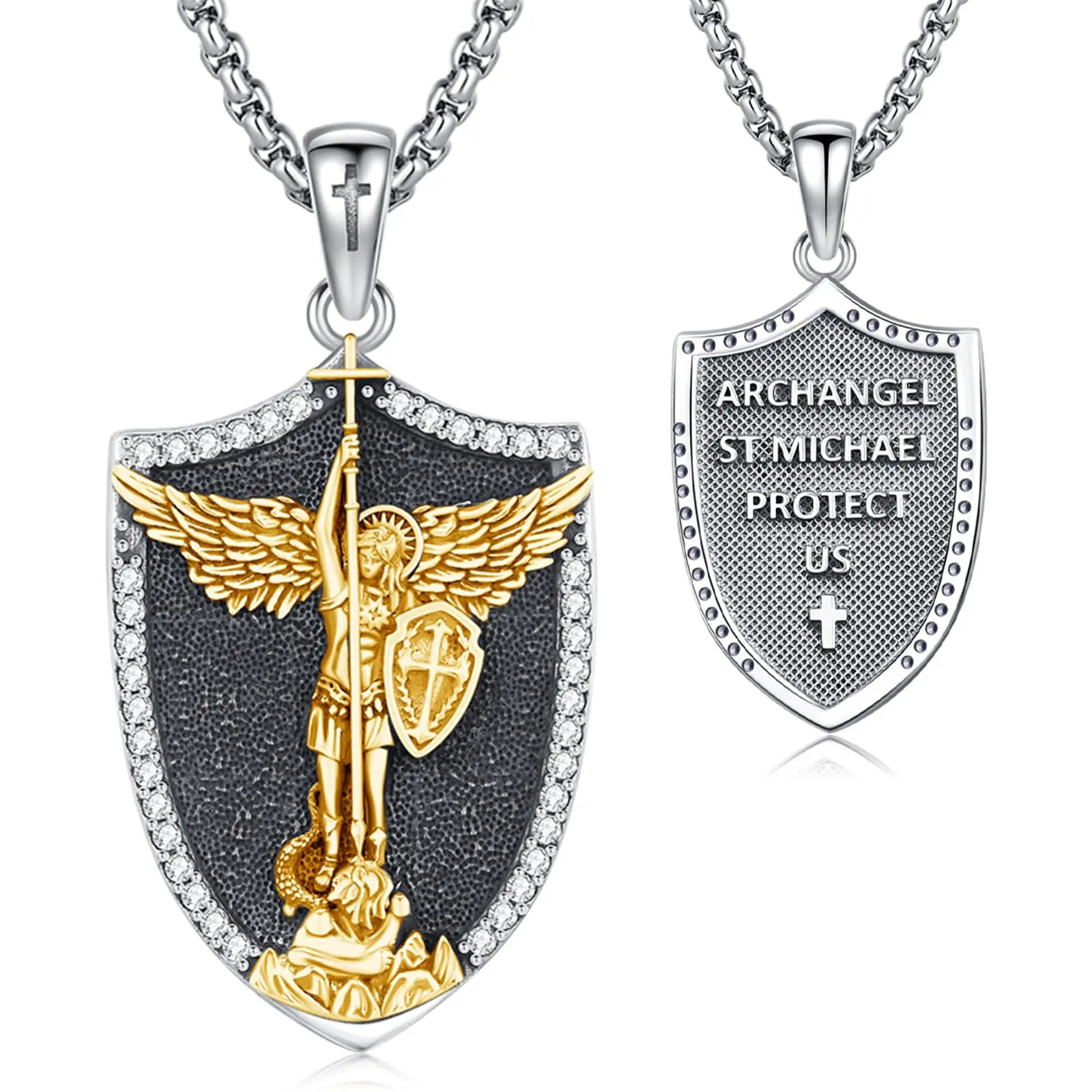 DRINSPER 925 Sterling Silver St. Michael Archangel Shield Pendant Necklace, Gold Accented Faith Protection Amulet for Men Women, Faith Pendant Necklace, Sterling 925 Tarnish-Free Silver Necklaces & Pendants