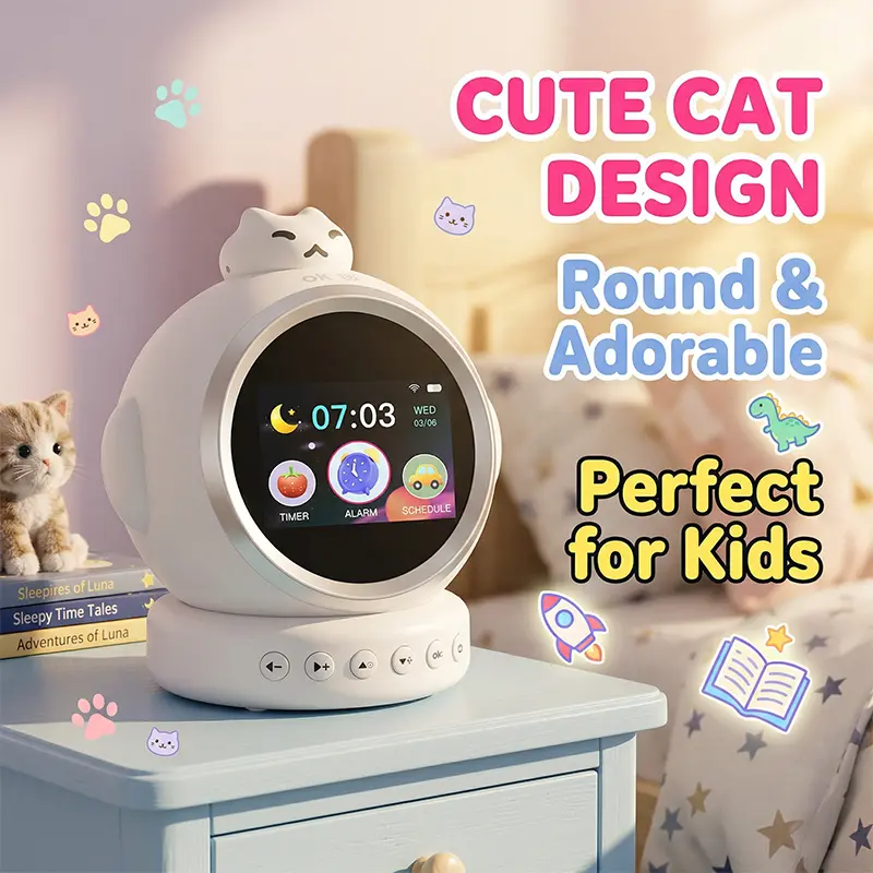 Smart Digital Desk Alarm Clock - Plastic Wireless Electronic Multifunctional Device with Voice Control, Voice Chat, Ok-to-Wake Sleep Trainer, Night Light, Story & Music Player, Pomodoro Timer, Ideal Gift for Ages 3-12 Kids