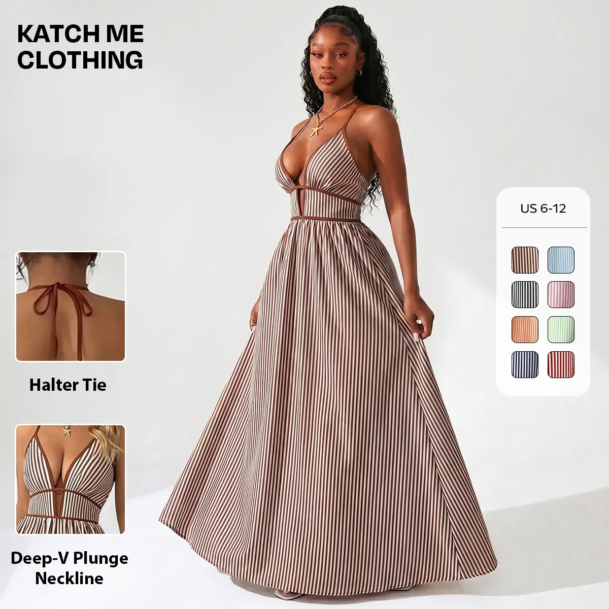 KATCH ME Women's Striped Pinstripe Maxi Dress - Elegant Deep V-Neck, Adjustable Halter Strap, Sleeveless Lightweight Polyester-Elastane Blend, Summer Resort Casual Clothes, Wash with Like Colors, Cold Wash, Do Not Bleach