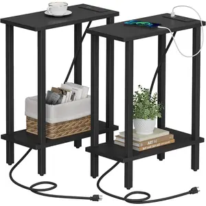 Small End Table with  Station, Narrow Side Table with USB Ports and Outlets, Set of 2, Skinny Sofa Table, Slim Nightstand, Living Room, Bed Room, Black TB01BK0602