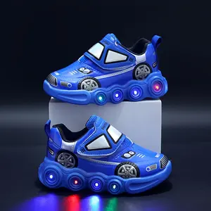 Youngsters' LED Light-Up Sneakers - Boys & Girls, Blue & Red Car Design with White Accents, Anti-Slip Running Shoes for Casual & Sporty Wear, Spring &