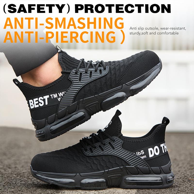 Ultra-light men’s safety shoes with steel toe protection and Kevlar puncture resistance, breathable mesh upper, non-slip sole—ideal for factory and warehouse work. Protect your feet and safely navigate every workday.