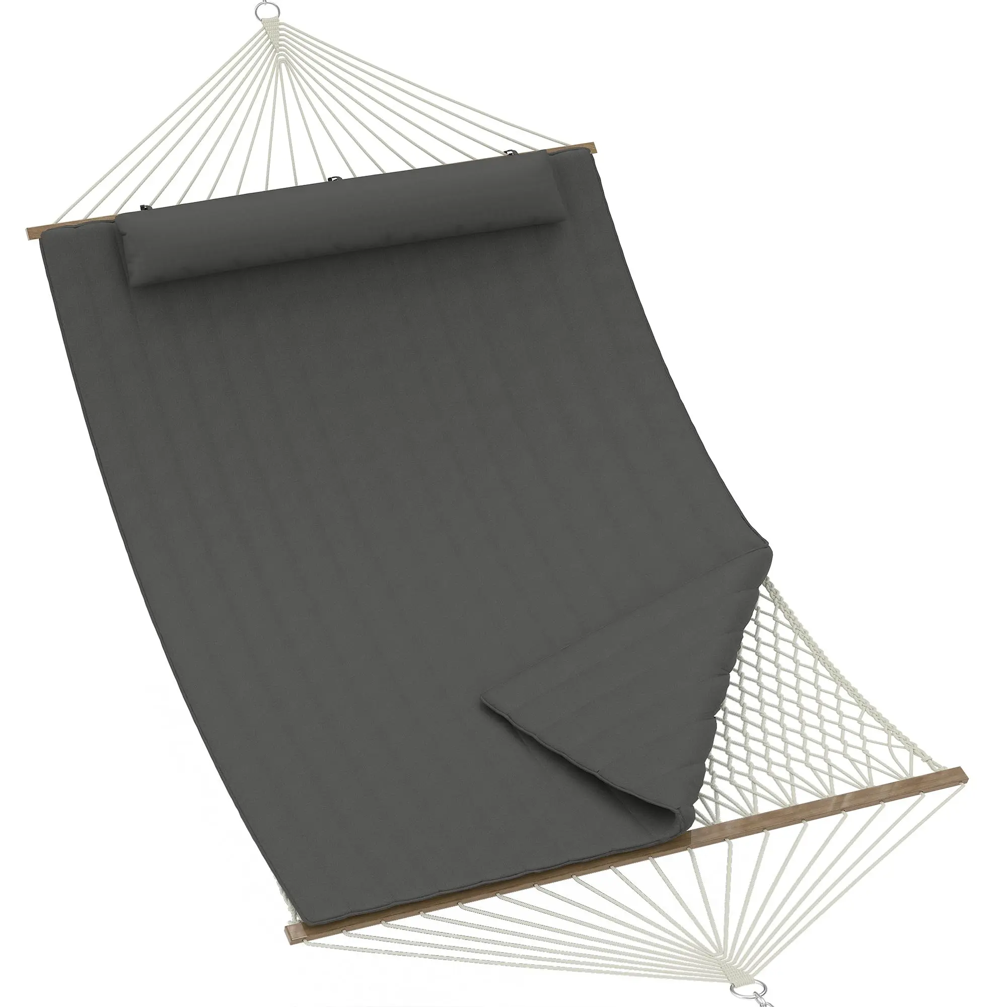 12FT Cotton Fabric Double Hammock for 2 People with Adjustable Frame, Spreader Bar, Quilted Pad, Large Removable Pillow, Storage Pockets, Carabiners, Max 450lbs Capacity, Quick Set-Up Outdoor Patio Furniture for Backyard, Travel