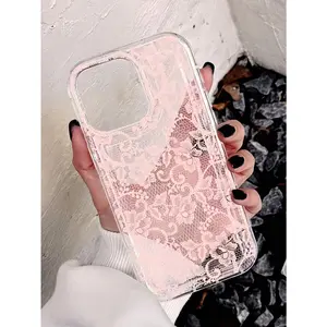 Shock-Absorbing Air Cushion Transparent Pink Plaid Lace Pattern Phone Case, Personalized Protective Cover Compatible With iPhone 16 ProMax, 17/16/15/14 Plus/13/12/11/X, Air, Series,International Version, Not The Domestic Version
