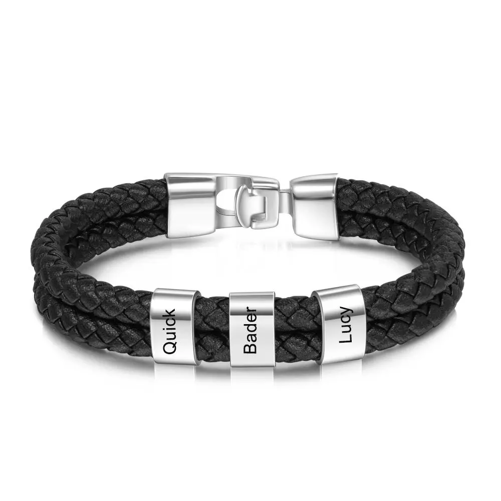 KissYan Men's Personalized Leather Bracelet, Double-Row Wristband with Custom Engraved Copper Name Beads, Fashion Jewelry Gifts for Dad, Boyfriend, Fashion Bracelet, Gifts For Boyfriend, Bracelet Jewelry