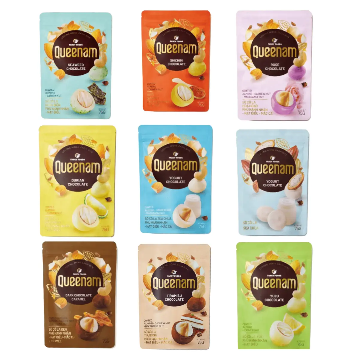 Queenam Premium Mixed Chocolate Nuts Gourmet Snack Bites - 9-Flavor Variety Pack, Vietnamese Imported, Rich Chocolate Flavor, 1-Count Outdoor Gourmet Snack, Gourmet Chocolate