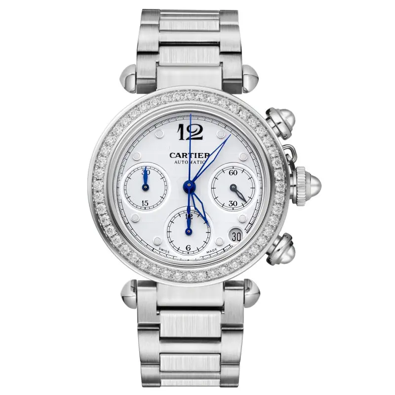 Cartier Pasha Chronograph W31039M7 Automatic Stainless Steel Aftermarket Diamond Bezel White Dial Steel Bracelet Men's / Unisex Watch WHP041644