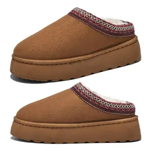 Women's Slippers Platform Mini Boots Fleece Lined Short Ankle Boot For Women Suede Leather Slip-On Slippers Indoor Outdoor