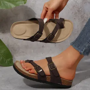 Women's Strappy Slip-On Slippers With Adjustable Buckle Cork Footbed Slides For Walking Beach Outdoor Sandals