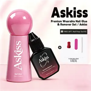 ASKISS Nail Glue (10ml) and Remover (20ml) Set - Strong Adhesive for Acrylic Tips & Fake Nails, 10s Quick Dry, No UV Lamp, Professional DIY Manicure Essentials