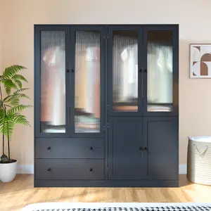 【2 Packages Delivery】VOWNER Black Wardrobe Closet with Fluted Glass Door, 2 Drawer & Shelf, Wooden Armoire Storage Cabinet for Bedroom