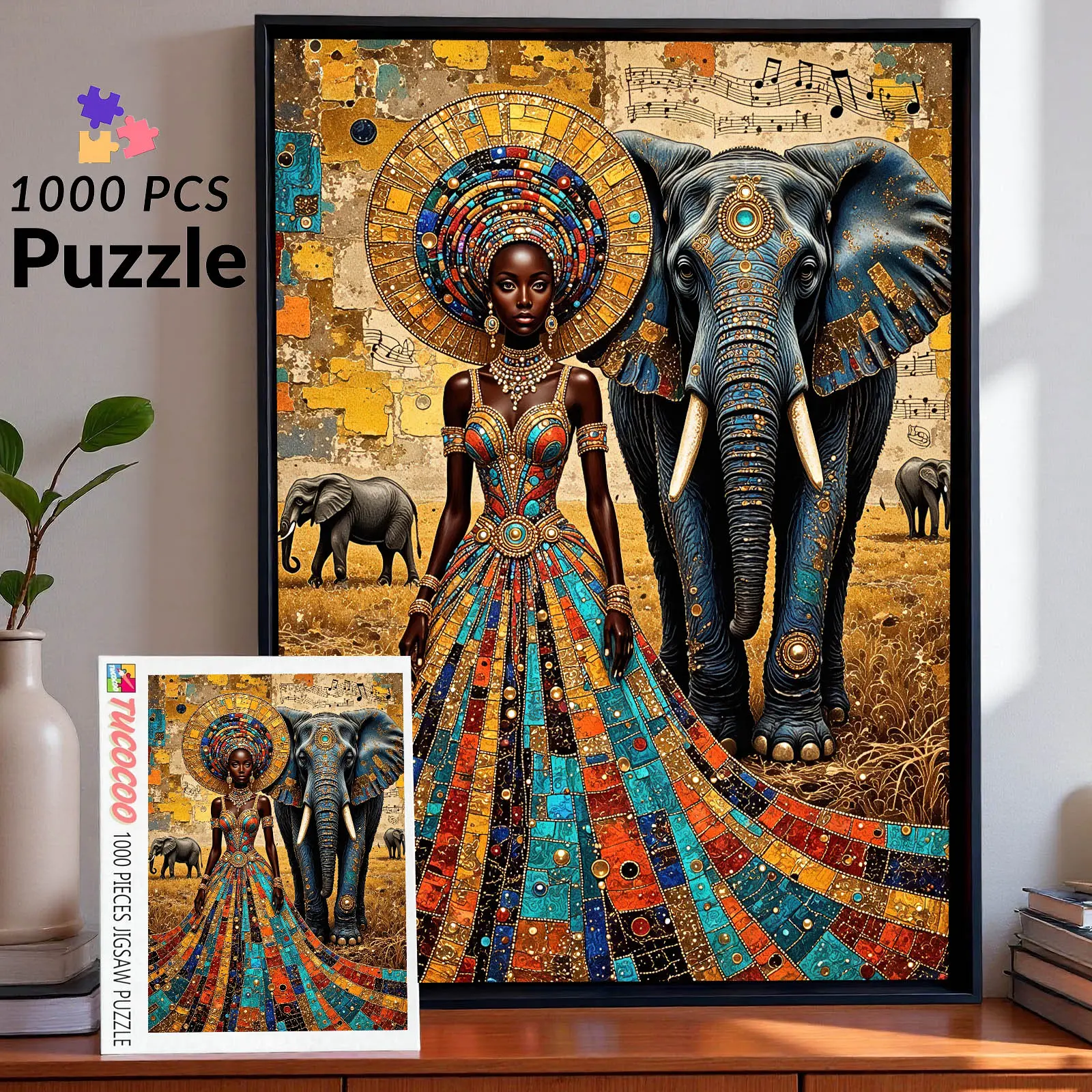 African Queen and Elephant 1000 Pieces Jigsaw Puzzle Relaxing Family Game for Brain Exercise Stress Relief Exotic Culture Art Challenging Adult Puzzle Stunning Wall Décor Meaningful Gift for Friends and Seniors 27.5x20inch 70x50cm Jigsaw Puzzle