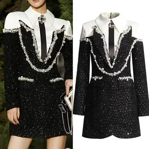 Fashion Socialite Patchwork Beaded Rhinestone Short Dress Women Strapless Satin Bridesmaid Dress Slit Sheer Ball Gown Waist Cinched Back A-Line Chiffon Ball Gown Slit